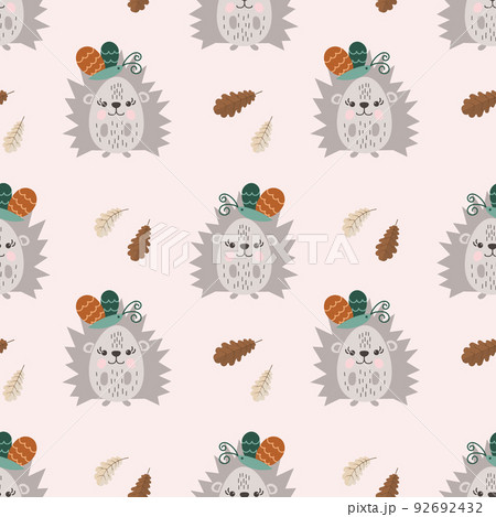 Seamless pattern, cute drawn hedgehogs with butterflies in doodle style and oak leaves. Children's print, textile, vector 92692432