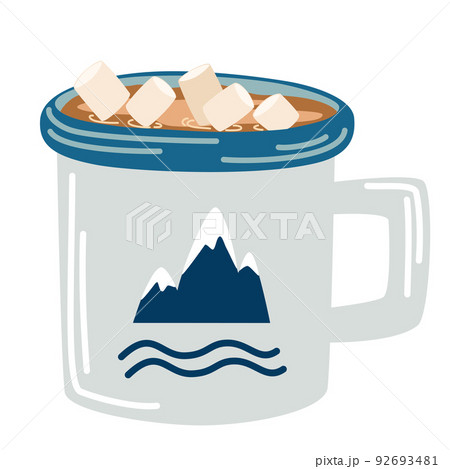 Mug with cocoa and marshmallow. Cup with hot chocolate and a pattern of mountains. Autumn or winter hot drink. Vector hand draw illustration flat icon isolated on white. 92693481