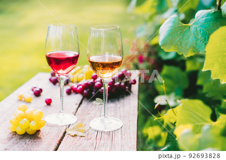 Glasses with white and red wine and grape berries on the wooden table in the vineyards, winery with green leaves background in sunset light. Wine tasting, Degustation. Selective focus, Copy space Glasses with white and red wine and grape berries on the wooden table in the vineyards, winery with green leaves background in sunset light. Wine tasting, Degustation. Selective focus, Copy space 92693828