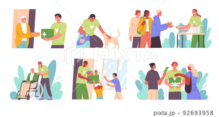 People do charity work. Volunteers help those in need. 92693958