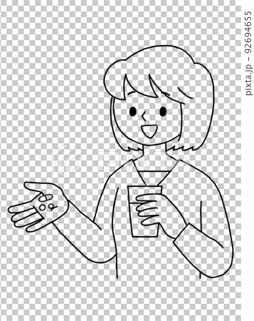 薬を飲む女性／線画 92694655