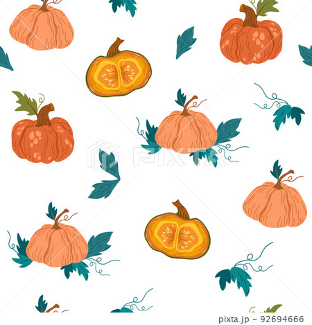 Pumpkins seamless pattern. Autumn, fall, thanksgiving and halloween decoration.  Pumpkin shapes with leaves, half and slices. Perfect for texture for fabric, textile, wrapping paper, wallpaper. Vector 92694666