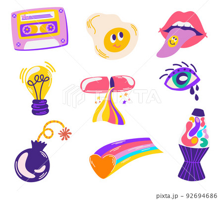 Pop Color Style Flat Design 90s Sticker. Cool trendy retro stickers with smile faces, cartoon comic label patches. Different emotions, text. Vector cartoon illustration isolate Pop Color Style Flat Design 90s Sticker. Cool trendy retro stickers with smile faces, cartoon comic label patches. Different emotions, text. Vector cartoon illustration isolate 92694686