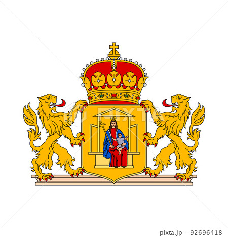 Netherlands coat of arms, Drenthe province heraldic emblem, vector heraldry. Netherlands coat of arms of Dutch Drenthe province with lions, monarch crown and Mary with Christ child on shield Netherlands coat of arms, Drenthe province heraldic emblem, vector heraldry. Netherlands coat of arms of Dutch Drenthe province with lions, monarch crown and Mary with Christ child on shield 92696418