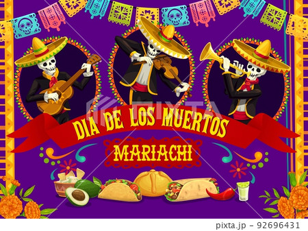 Mexican mariachi musicians, Dia de los Muertos day of dead festive holiday poster. Vector design with skeleton artists characters, marigold flowers, papel picado flags, traditional food and tequila 92696431
