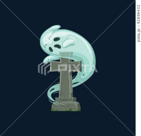 Cartoon ghost at gave tombstone on cemetery. Isolated vector creepy Halloween eerie character on old gravestone. Graveyard with cracked cross monument. Stone tomb and spooky spirit personage 92696432