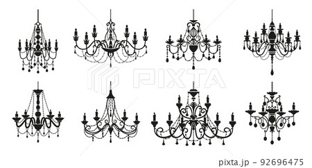 Chandelier silhouettes, crystal lamp lights or baroque candelabra with candlesticks, vector icons. Vintage chandelier lamps or royal lampshades with candles and crystal pendants in black silhouette 92696475