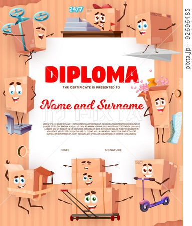Kids diploma shipping and delivery service, cartoon package box characters. Vector certificate template with cardboard parcel personages on scooter, drone and trolley. Funny pack weigh, cashier worker 92696485