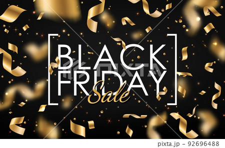 Black friday sale, golden serpentine ribbon for offer promo banner, vector background. Black friday promo, discount and sale day promotion on special price with gold glitter serpentine ribbons 92696488