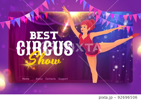 Shapito circus cartoon gymnast or aerialist, circus website or landing page vector template. Funfair carnival or circus performance and magic show website for online ticket with menu buttons 92696506