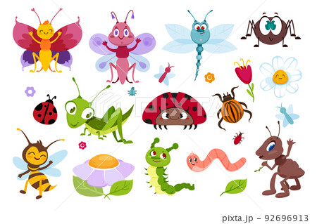 Flat set of cute insects, funny bugs and smiling beetles Flat set of cute insects, funny bugs and smiling beetles 92696913