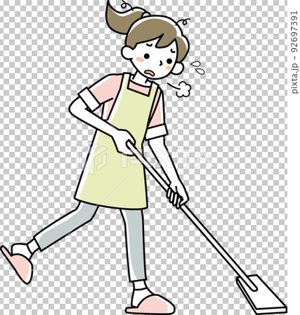 年輕女子拖著地板,一臉疲憊 年輕女子拖著地板,一臉疲憊 92697391