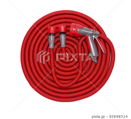Red garden hose with a sprayer isolated 92698524