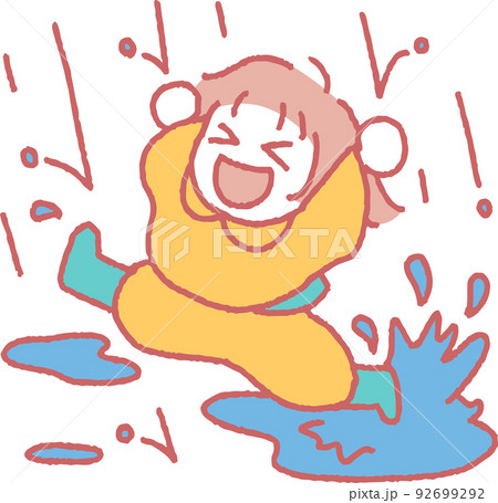 雨のなかレインコートを着てはしゃぐ女の子のイラスト 92699292