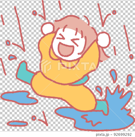雨のなかレインコートを着てはしゃぐ女の子のイラスト 92699292