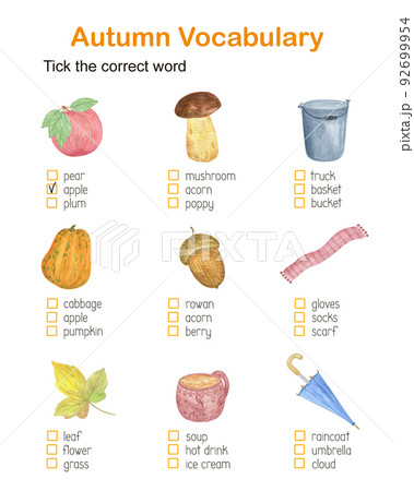 English topical vocabulary activity worksheet, autumn seasonal printable tick the word educational game 92699954