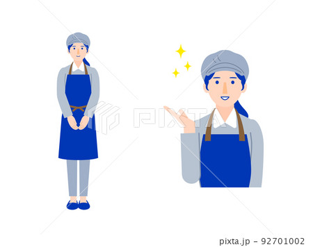 帽子をかぶったショップスタッフ 全身と上半身の女性イラスト1 92701002