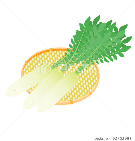 野菜イラスト　かごに盛った、葉付きのダイコン 92702993