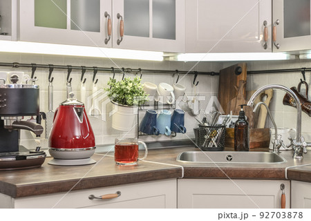 Retro style red electric kettle with coffee maker 92703878