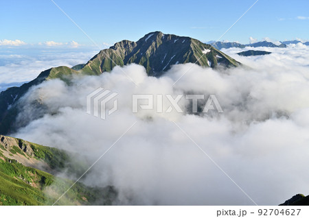 唐松岳から望む夕暮れの五竜岳と雲海 92704627