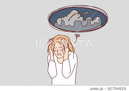 Unhappy woman stressed about rocket attacks on city Unhappy woman stressed about rocket attacks on city 92704829
