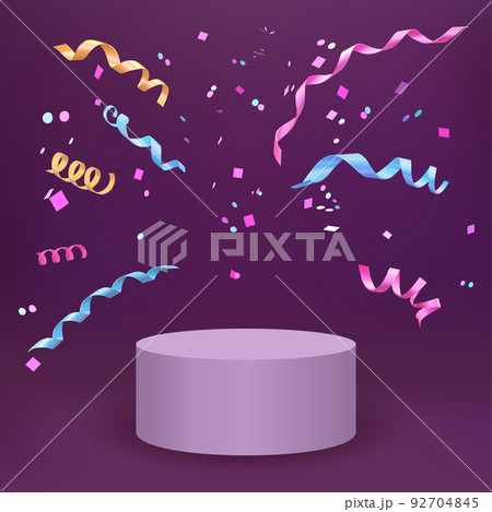 Cylinder podium with 3d realistic colorful confetti and ribbons on dark background. Cylinder podium with 3d realistic colorful confetti and ribbons on dark background. 92704845