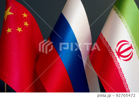 Small flags of China, Russia and Iran. 92705472
