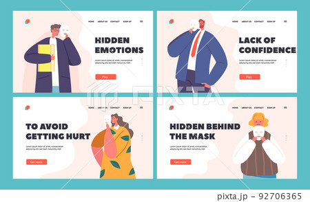 Disguising Real Emotions and Feelings Landing Page Template Set. Sad Male and Female Characters Hiding Faces Disguising Real Emotions and Feelings Landing Page Template Set. Sad Male and Female Characters Hiding Faces 92706365