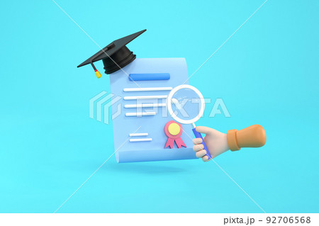 hand hold magnifying glass, mortarboard hat and diploma 92706568