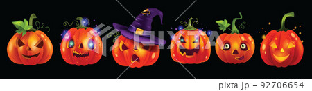 Halloween pumpkin vector set, orange happy cartoon lantern laugh festive element, scary carving face 92706654