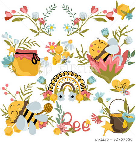 Bee bundle. Cute compositions with bee in flower, wreaths with wildflowers, honeycomb, rainbow. Cartoon honey bees with different emotions. Nature, organic product. Vector 92707656