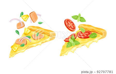 Appetizing Italian Pizza Slices with Melting Cheese as Hot Dough Topped with Tomato, Basil and Salmon Dropping Vector Set Appetizing Italian Pizza Slices with Melting Cheese as Hot Dough Topped with Tomato, Basil and Salmon Dropping Vector Set 92707781
