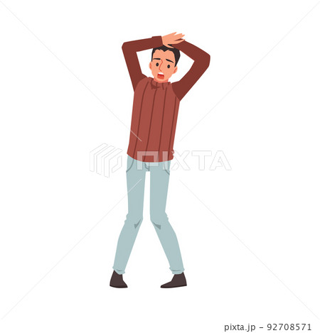 Frightened scared man clutching his head in panic or fear, flat vector isolated. 92708571