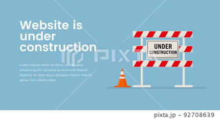Under construction road sign with striped fence, landing page template, flat vector illustration. Under construction road sign with striped fence, landing page template, flat vector illustration. 92708639