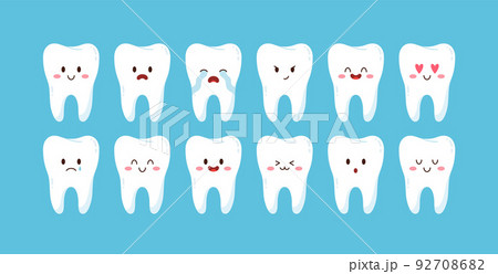 Set of cute cartoon teeth with different emotions flat style Set of cute cartoon teeth with different emotions flat style 92708682