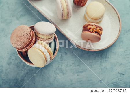 Colorful french macarons on plate Colorful french macarons on plate 92708715