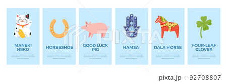 Good fortune talismans posters set, flat vector illustration. 92708807