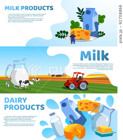Dairy milk products horizontal banners or flyers flat vector illustration. 92708866