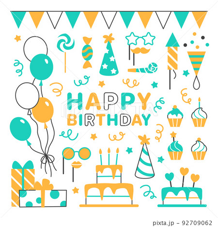 Happy Birthday flat line icons set. Color anniversary elements on white background for carnival event celebration invitation banner, card design. Gift box balloon birthday cake hat illustration 92709062