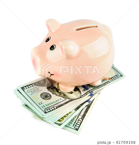 Dollars and piggy bank isolated on white . 92709108