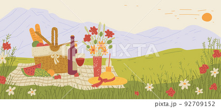 Summer picnic basket and view on mountains, flat vector illustration. 92709152