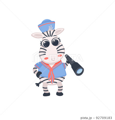 Cute zebra captain with spyglass character, flat vector illustration isolated. Cute zebra captain with spyglass character, flat vector illustration isolated. 92709183