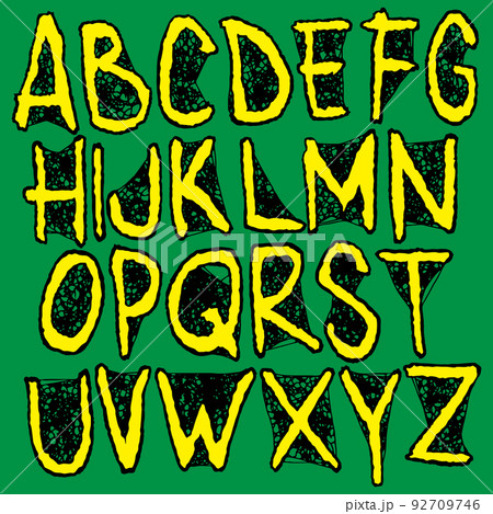 Simple grunge alphabet.Yellow letters on green background. 92709746
