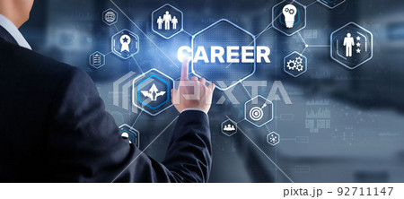 Career Inscription and people icons on virtual screen. Businessman pressing Career Career Inscription and people icons on virtual screen. Businessman pressing Career 92711147