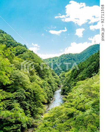 爽やかな渓谷の景色 丹沢のヤビツ峠に向かう途中の中津川 爽やかな渓谷の景色 丹沢のヤビツ峠に向かう途中の中津川 92711508