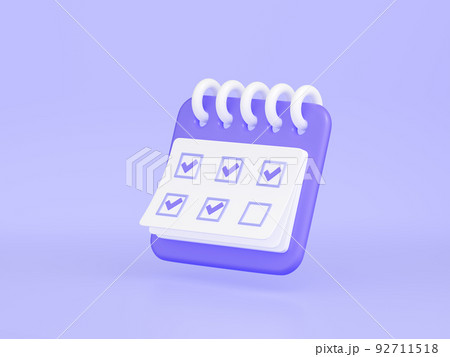 Calendar with marked date 3d render illustration. Purple floating organizer with rings, check points noted with mark day 92711518