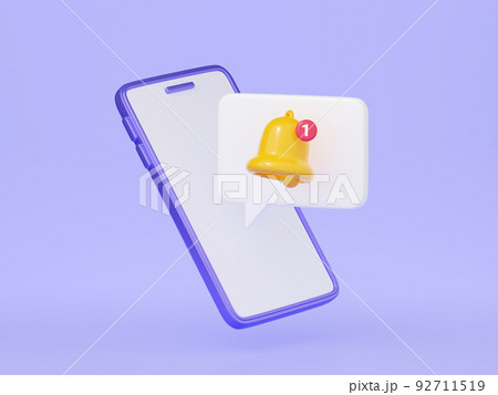 Notification bell on mobile phone screen 3d render. 92711519