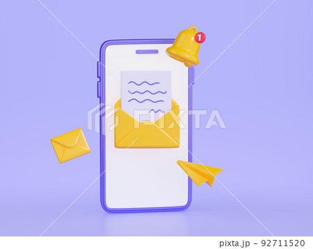 Notification newsletter 3d render illustration - mobile phone with yellow envelope and bell on screen. 92711520