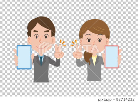 Men and women holding a smartphone and making a v sign Men and women holding a smartphone and making a v sign 92714232