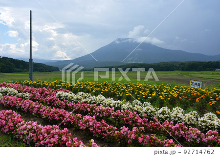 国道18号からの野尻湖ナウマンゾウの親子像から見える黒姫山 92714762